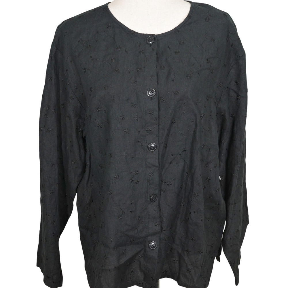 Talbots Irish Linen Blouse Women‎ Large Black Embroidered Cottage Summer Top VTG